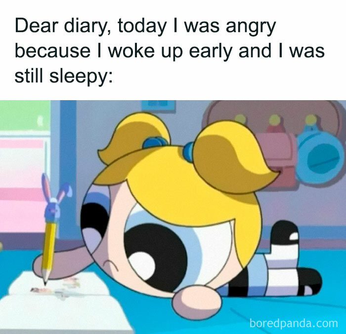 Cartoon character writing in a diary, looking sleepy and angry, part of hilarious memes for daily laughter and good vibes.