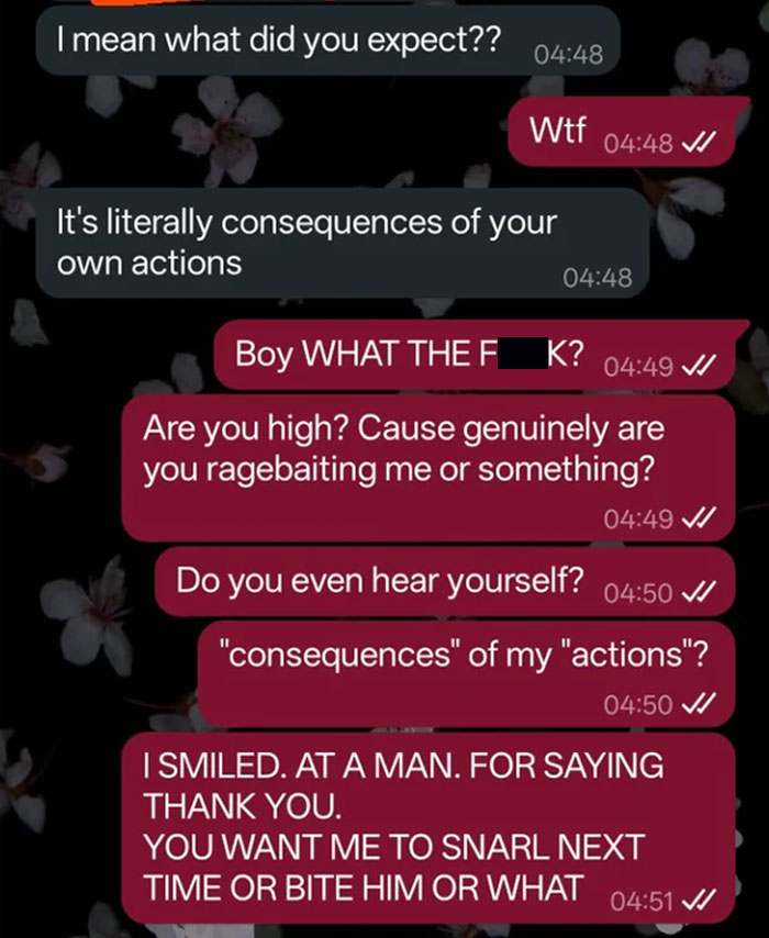 Text conversation showing a jealous boyfriend berating his girlfriend for being nice to a stranger, leading to a breakup.