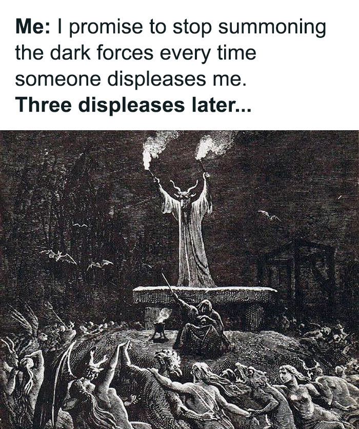 Alt text: Dark forces summoning meme with creepy vintage illustration, blending humor and spooky themes for creepy funny memes.