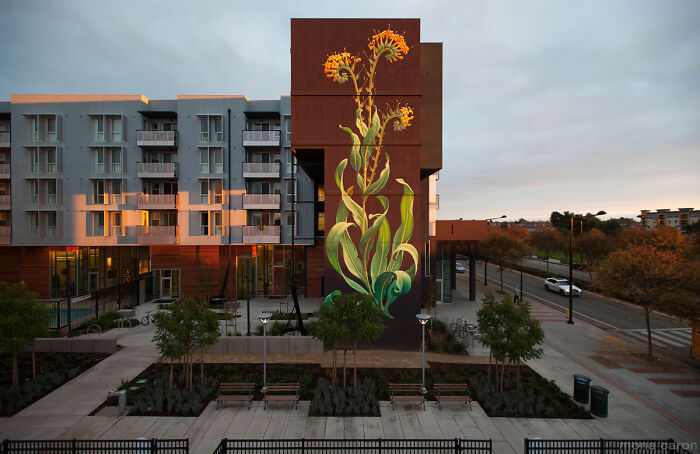 Large street art mural of yellow flowers on a tall building facade in an urban setting during sunset.