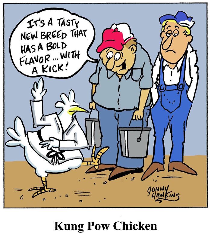 One-panel comic by Jonathan Ray Hawkins showing a chicken chef explaining a new bold flavored breed to two men.