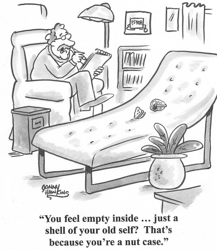 Black and white playful one-panel comic by Jonathan Ray Hawkins showing a therapist and a patient making a nut case pun.
