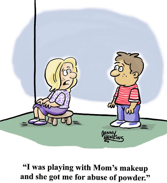 Playful one-panel comic by Jonathan Ray Hawkins showing a child explaining a makeup mishap with humor.