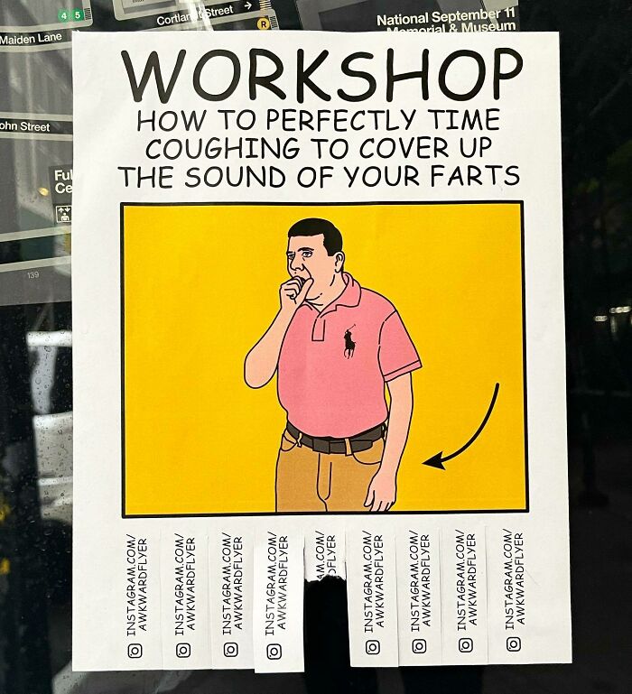 Street art photo showing a humorous workshop flyer about timing coughing to cover up fart sounds on a city street window.