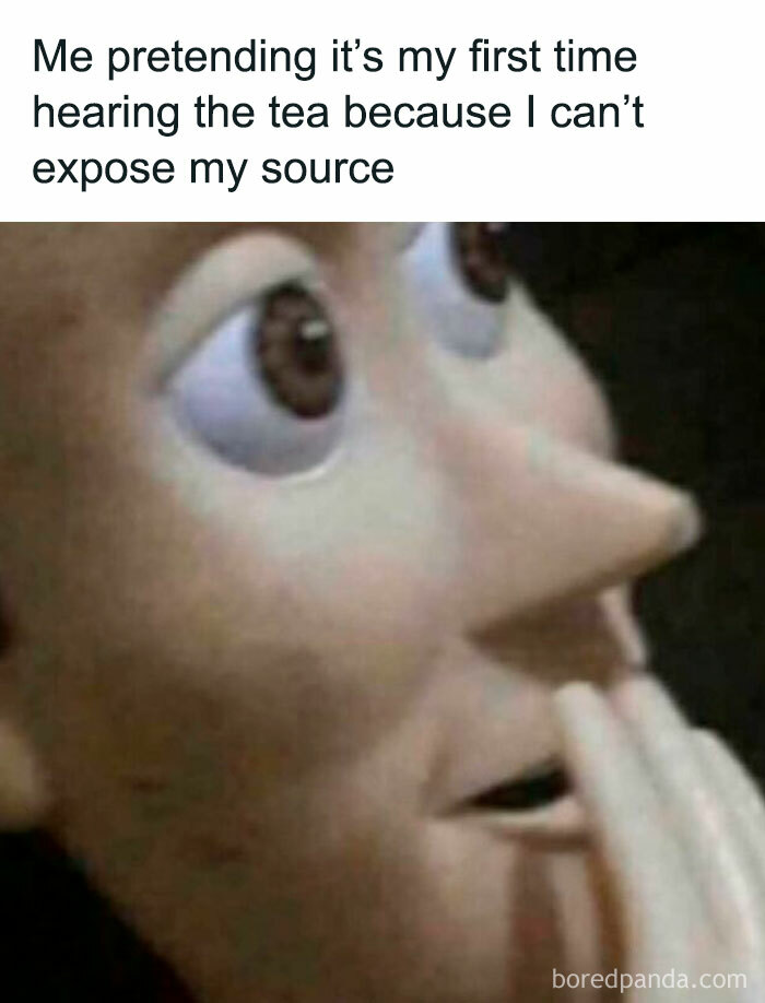 Close-up of a surprised animated character with caption about pretending to hear gossip, part of hilarious memes for laughter and good vibes.