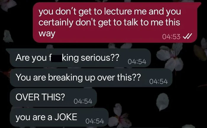 Text message exchange showing jealous boyfriend berating girlfriend after she decides to dump him for his behavior.