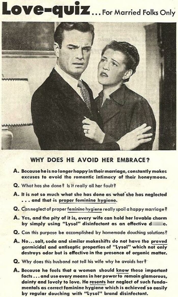 Vintage advertisement showing a married couple with a focus on outdated views about feminine hygiene and relationships.