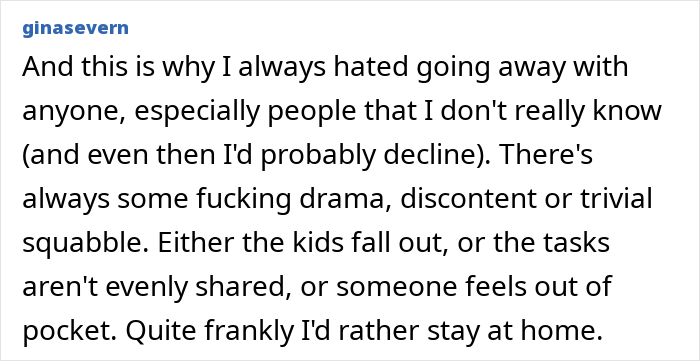 Text post expressing frustration about going on trips with friends and family due to drama and ruined plans causing tension.