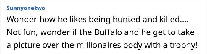 Comment text about a millionaire trophy hunter fatally gored by a buffalo on safari, reflecting karma and hunting risks.