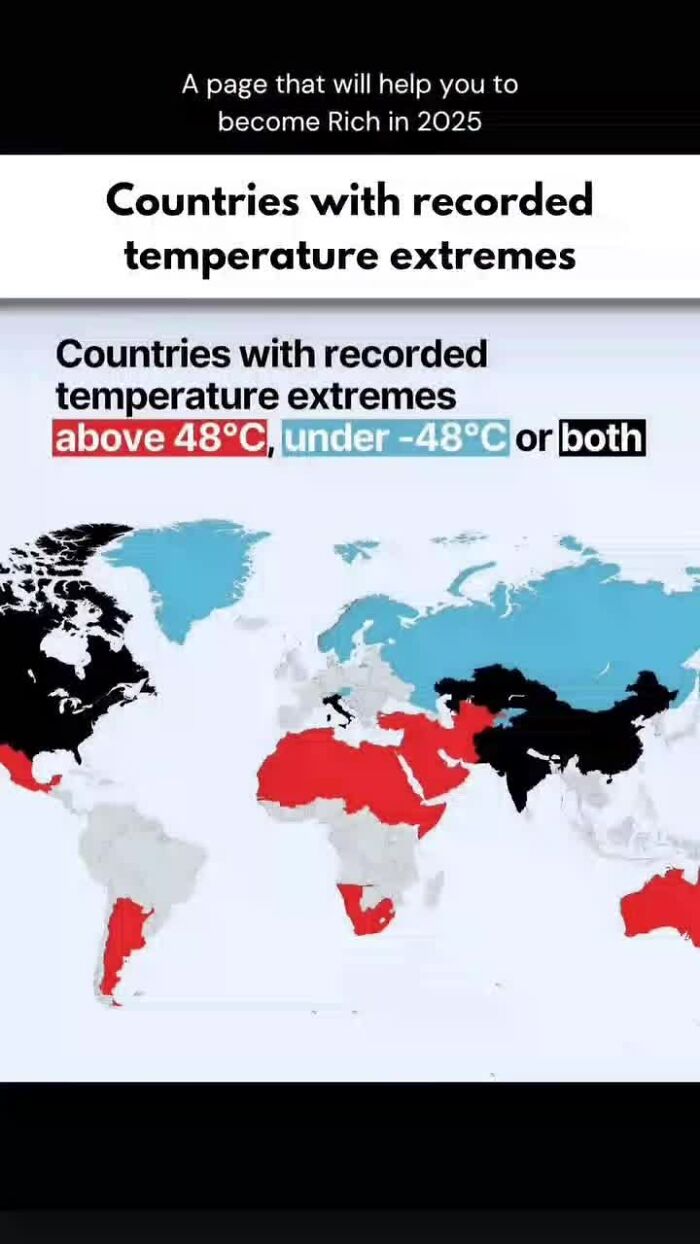 World map showing countries with recorded temperature extremes above 48°C, under -48°C, or both in geography facts.