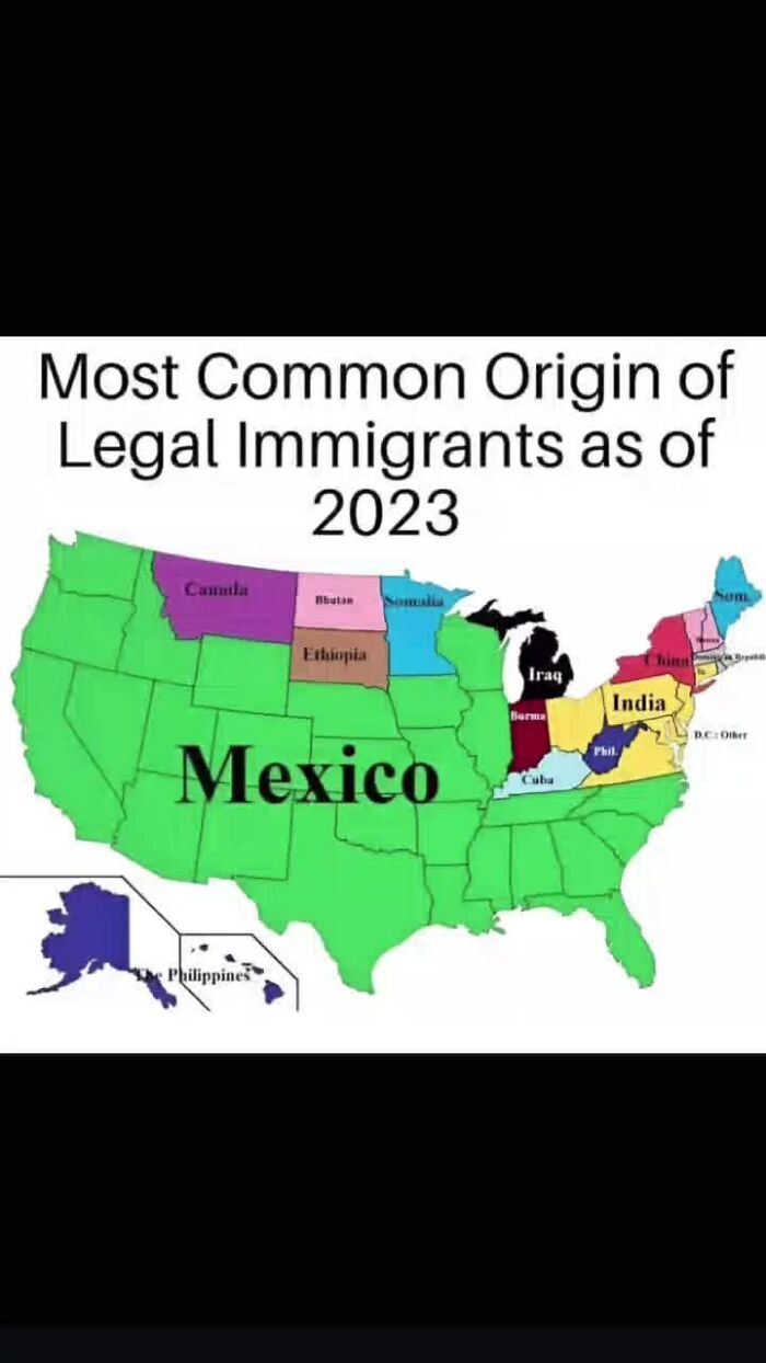 Map of the United States showing most common origin countries of legal immigrants in 2023 with geography facts.
