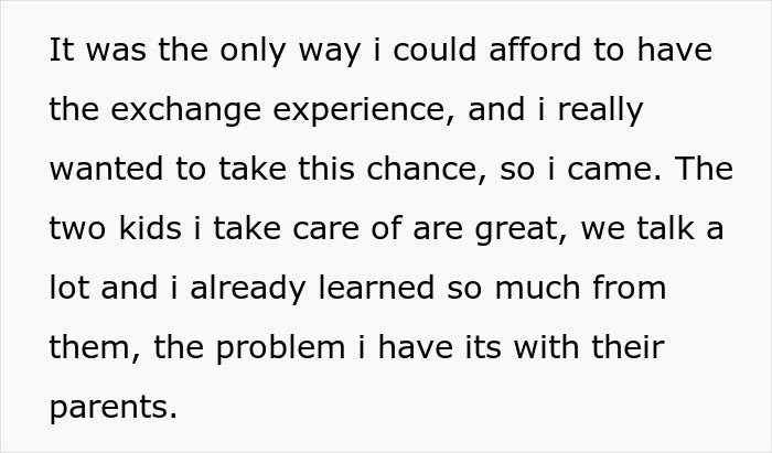 Text excerpt from a 19-year-old nanny abroad describing her experience with an American family and food restrictions.