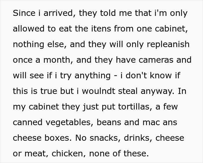 Text about American family houses restricting food for 19-year-old nanny from abroad, limiting eating to one cabinet.