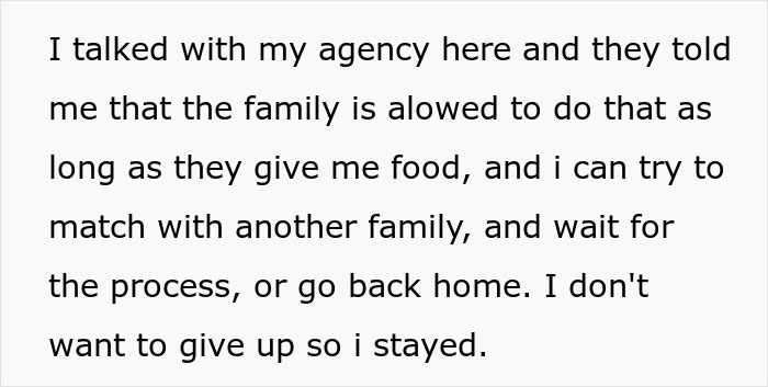 Text excerpt showing a nanny discussing agency advice about food restrictions by an American family and options to stay or leave.