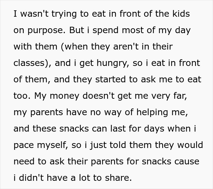 Text from a nanny describing restricted food access in an American family house and managing hunger with limited snacks.