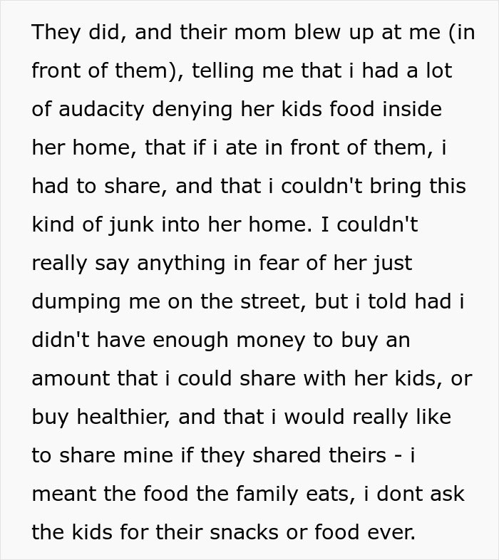 Text excerpt from nanny&rsquo;s experience with American family restricting her food access, highlighting food sharing and restrictions.