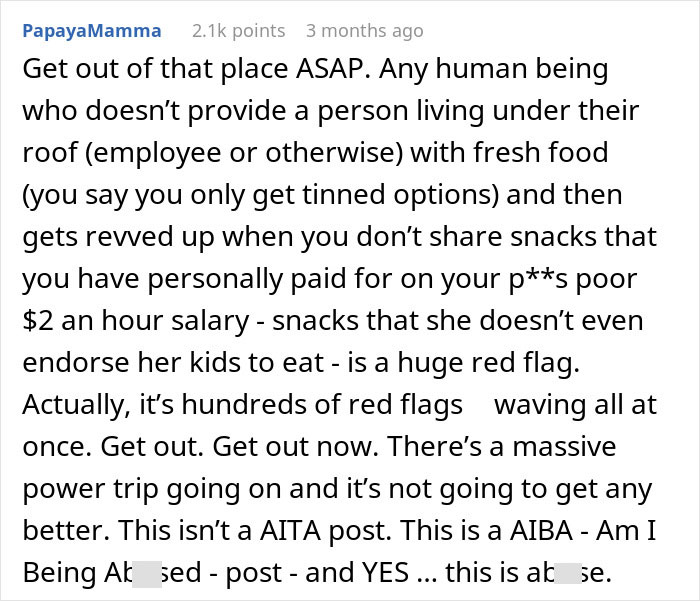 Comment warning about American family nanny abuse, food restrictions, and unfair treatment of a 19-year-old worker.