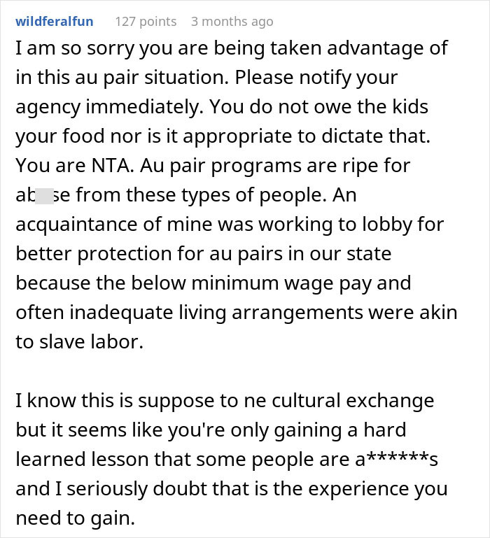 Reddit user comments on American family housing 19-year-old nanny from abroad and restricting her food to one cabinet.