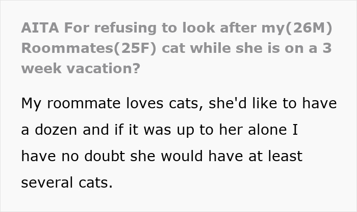 Text excerpt about roommate refusing cat duties during family vacation, highlighting conflict over litter box responsibility.