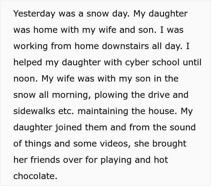 Man tells wife she couldn&rsquo;t do it without him as she proves him wrong by managing snow day and family tasks alone.