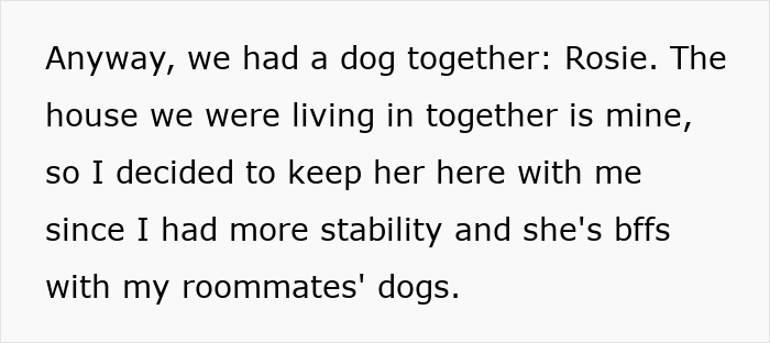 Text passage about woman keeping dog after breakup due to stability and dog’s bond with roommates’ pets. Text passage about woman keeping dog after breakup due to stability and dog’s bond with roommates’ pets.