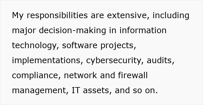 Text describing extensive IT responsibilities including decision-making, cybersecurity, audits, and network management.