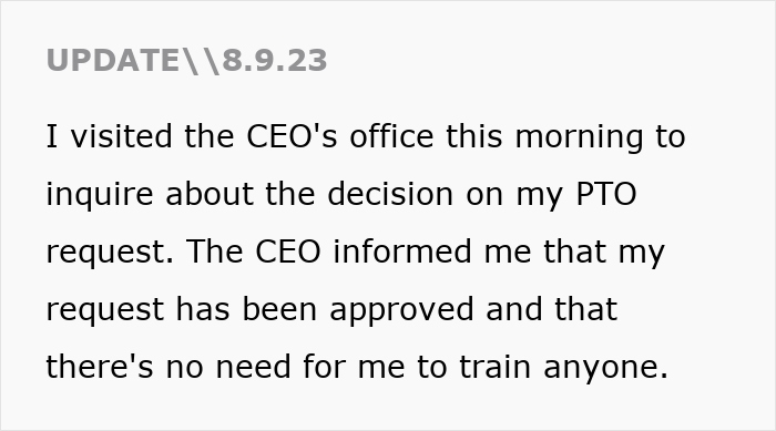 Text update dated 8.9.23 about PTO approval and refusal to train colleagues before leaving with two weeks notice.