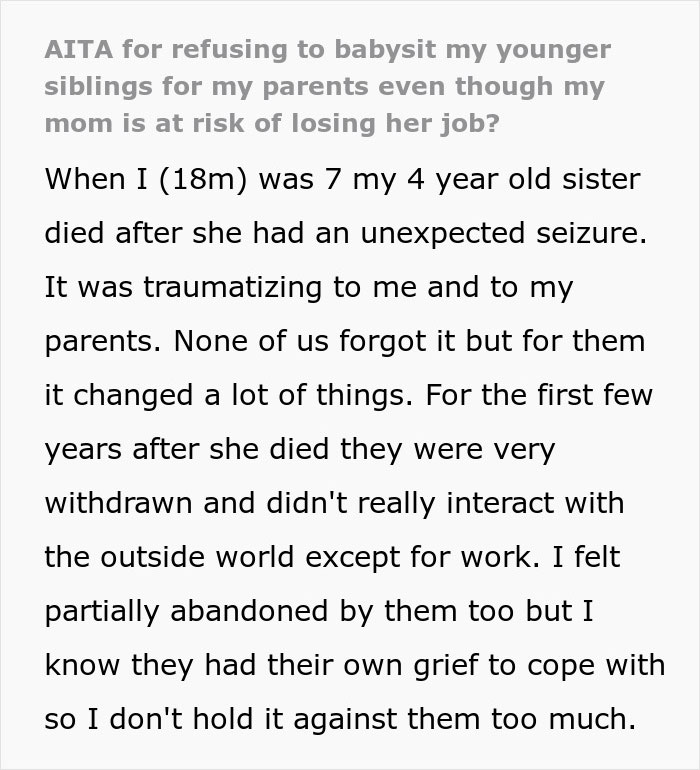 Text excerpt about a guy refusing to babysit siblings after years of being treated like a stranger due to family trauma. Text excerpt about a guy refusing to babysit siblings after years of being treated like a stranger due to family trauma.