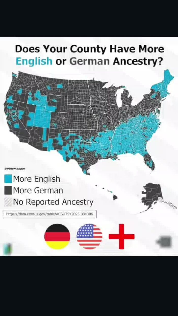 Map of US counties showing more English or German ancestry by region, highlighting interesting geography facts and maps.
