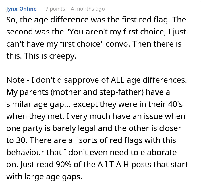 Comment discussing red flags and age difference concerns in a relationship involving a husband’s ex and potential divorce. Comment discussing red flags and age difference concerns in a relationship involving a husband’s ex and potential divorce.