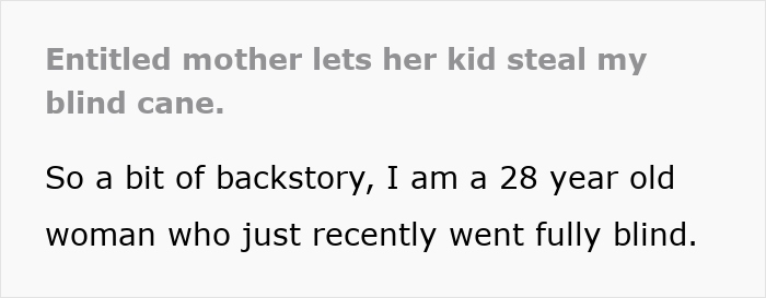 Child sneaking away with a blind cane while an adult woman looks on, highlighting a kid steals blind cane scenario.