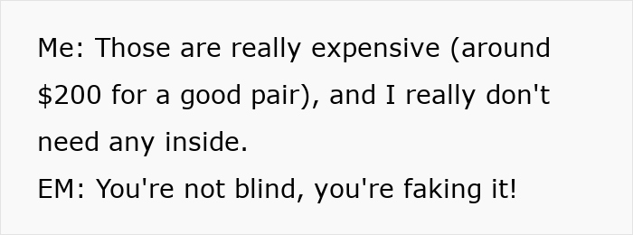 Conversation about the kid stealing a blind cane, discussing the expense and doubt about blindness.