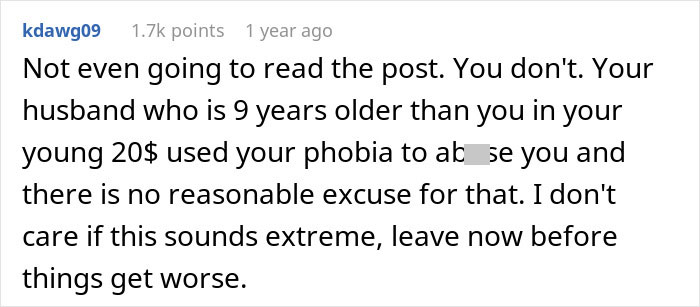 Comment text expressing concern over a husband&rsquo;s harmful prank causing distress to a claustrophobic woman.