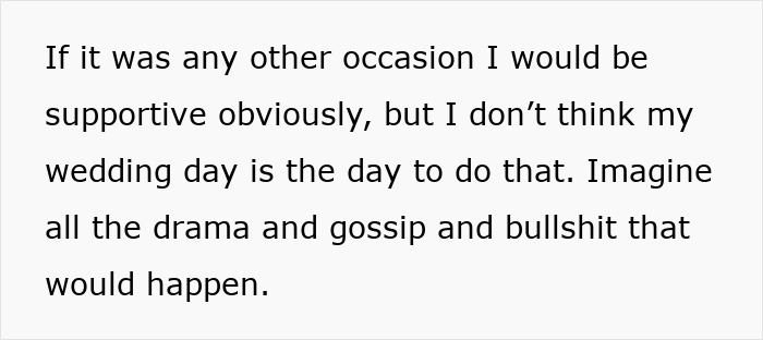Text excerpt showing a man refusing to let his gay brother come out at his wedding to avoid drama and gossip. Text excerpt showing a man refusing to let his gay brother come out at his wedding to avoid drama and gossip.
