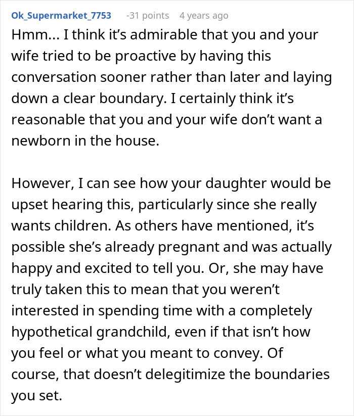 Text post discussing parents forbidding a baby under their roof and how it upsets their daughter wanting children.