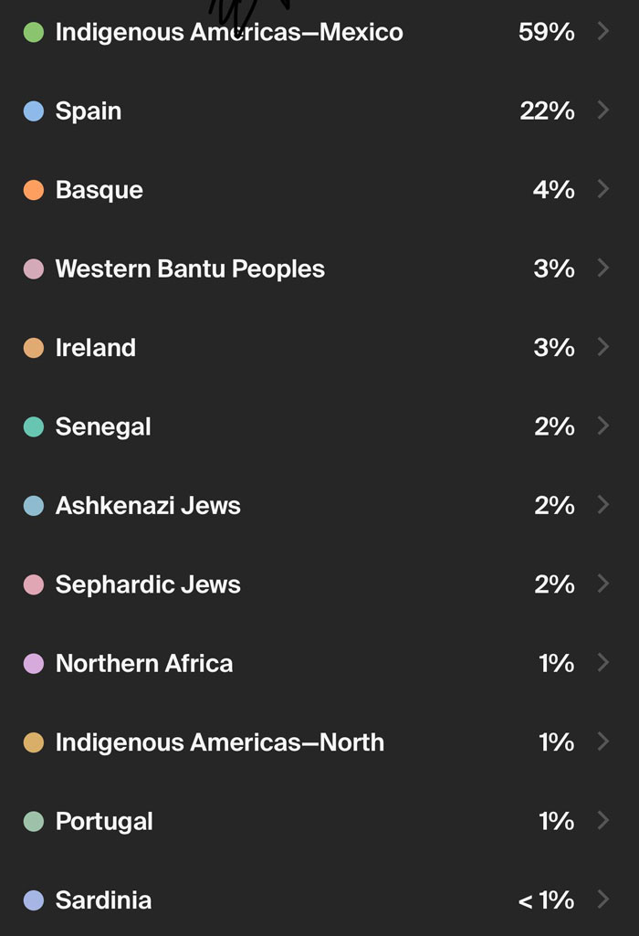 DNA test results showing mixed ancestry including Indigenous Americas Mexico, Spain, Basque, and various other ethnic groups percentages.