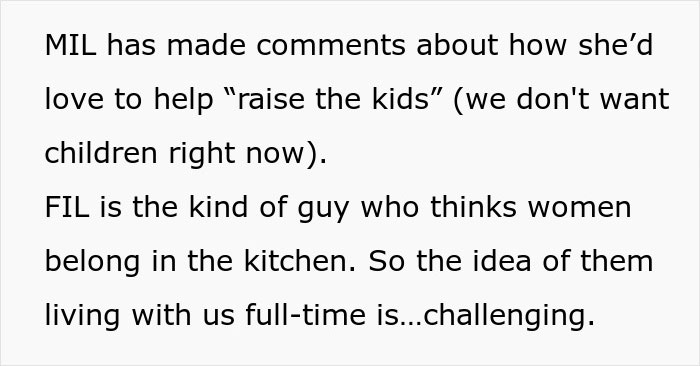 Text discussing a man secretly inviting his parents to stay, causing tension with his girlfriend due to differing household views.