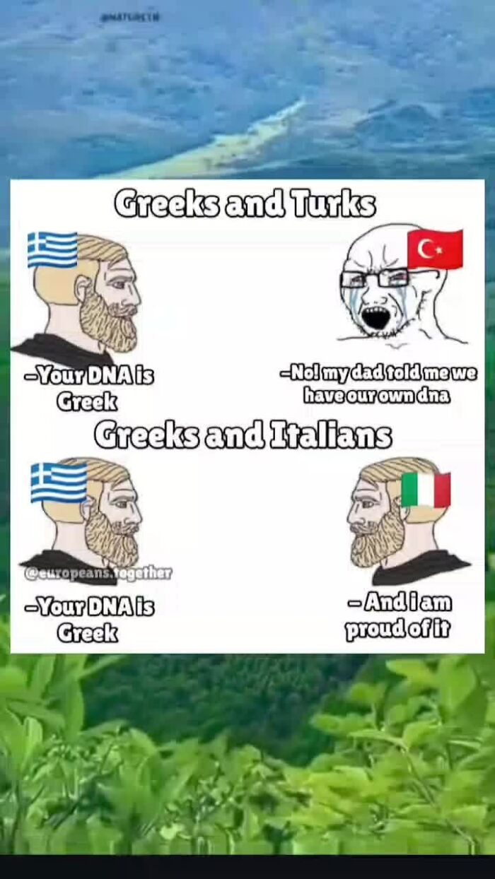 Illustration comparing Greeks and Turks denying shared DNA versus Greeks and Italians embracing shared DNA in geography facts.