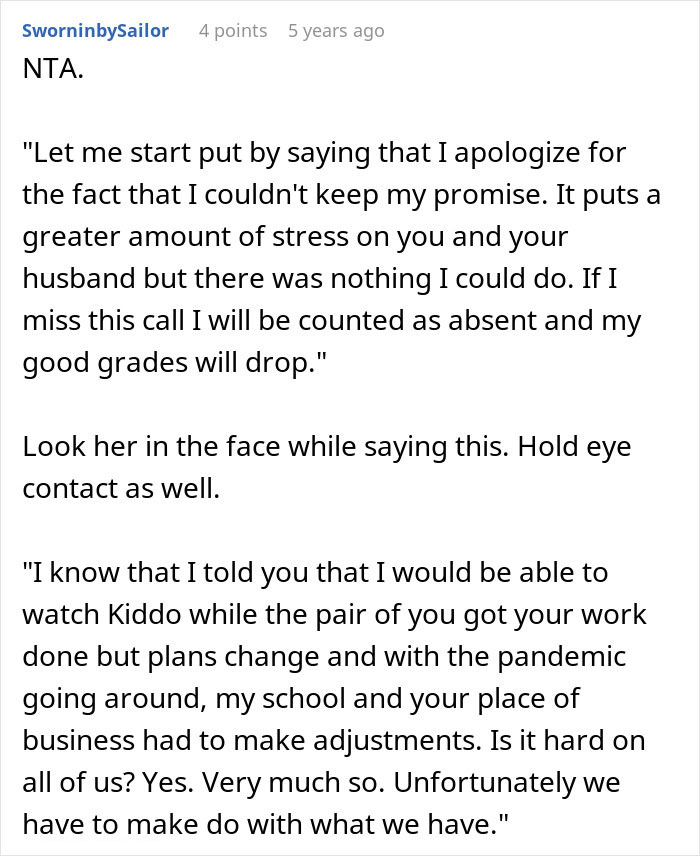 Text excerpt from woman expects cousin to babysit instead of attending school, showing apology and explanation for prioritizing school attendance over babysitting.