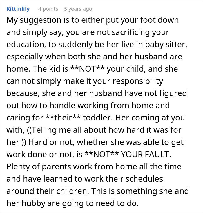 Comment advising a woman to prioritize her education and reject babysitting expectations from her cousin and husband.