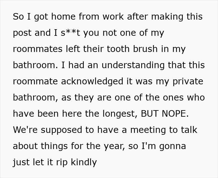 Text post about a nonbinary person refusing roommates’ boyfriends to use their private bathroom in a shared living space. Text post about a nonbinary person refusing roommates’ boyfriends to use their private bathroom in a shared living space.