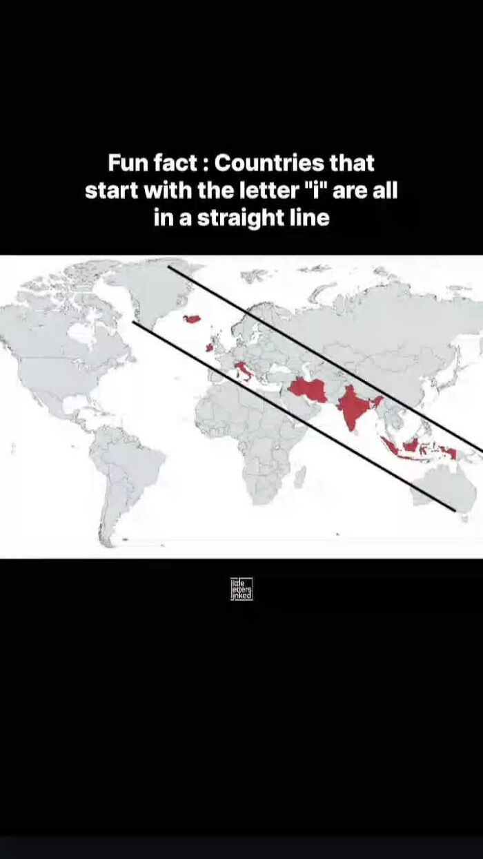 Map highlighting countries starting with the letter I aligned in a straight line as a cool geography fact.