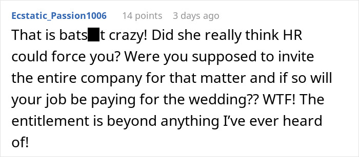 Screenshot of a Reddit comment discussing HR involvement in not inviting a coworker to a wedding dispute.