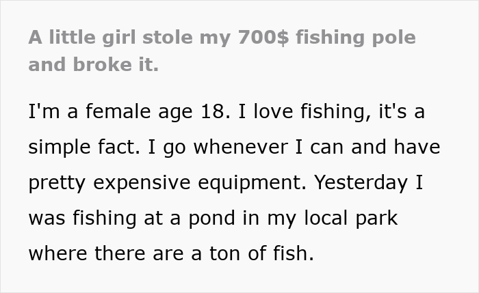 Young girl stealing a fishing pole by a pond in a local park during a break from fishing.