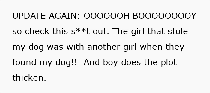 Text showing an update about a stolen husky and the owner's loud and clear revenge after the dog was found with another girl. - 23