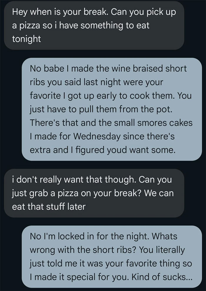 Text message exchange showing arguments over dinner with short ribs, illustrating angry reaction after boyfriend dumps her for throwing away food.