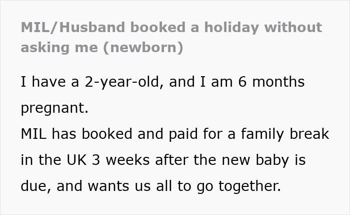 Text excerpt about a pregnant wife declining a postpartum trip while husband offers to go with the 2-year-old child.