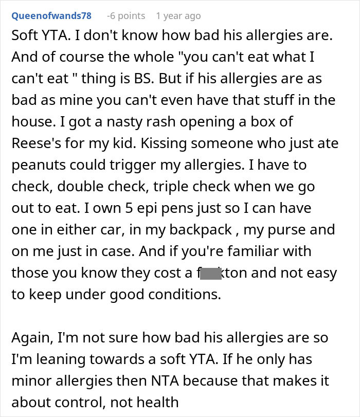 Man upset girlfriend bought peanut butter cake to eat at work knowing he can&rsquo;t eat it due to allergies.