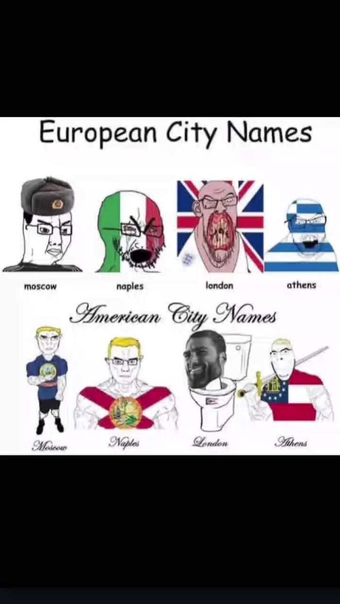 Comparison of European and American city names using character illustrations representing geography facts and cultural stereotypes.