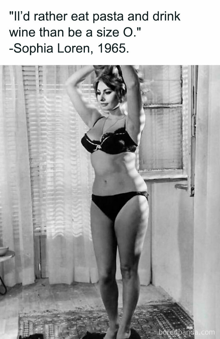 Black and white photo of a woman in lingerie with a quote about body size, relatable meme for anyone around 30 years old.